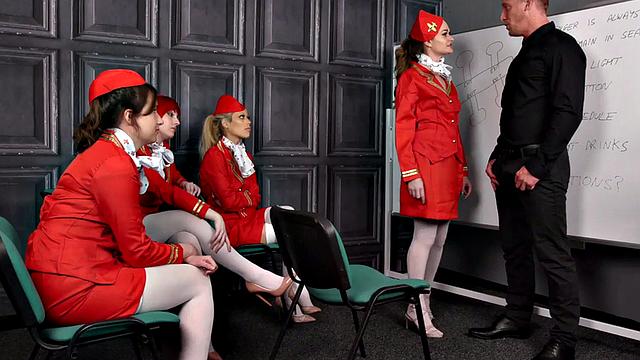 CFNM stewardesses suck in group femdom action