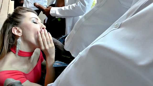 IR DP banged babe sucks BBC guys outdoor before action