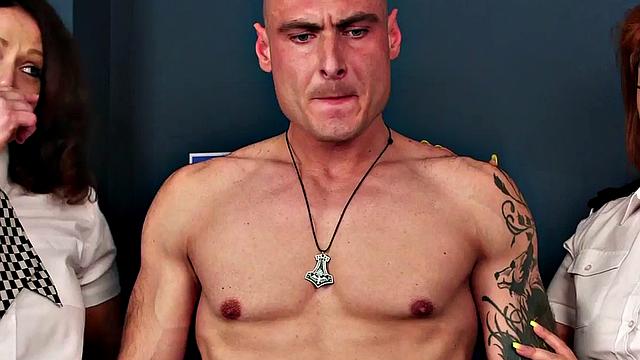 CFNM secretaries seduce naked guy & stroke his cock in heels