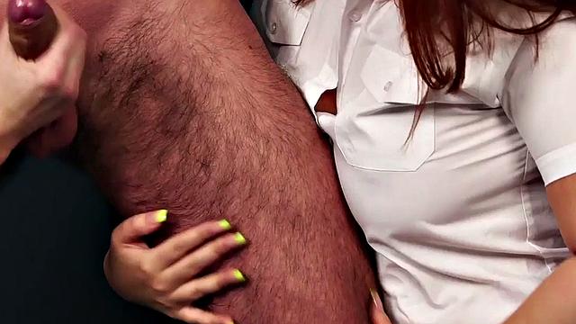 CFNM secretaries seduce naked guy & stroke his cock in heels