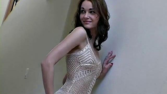 cute slim brunette slowly strips