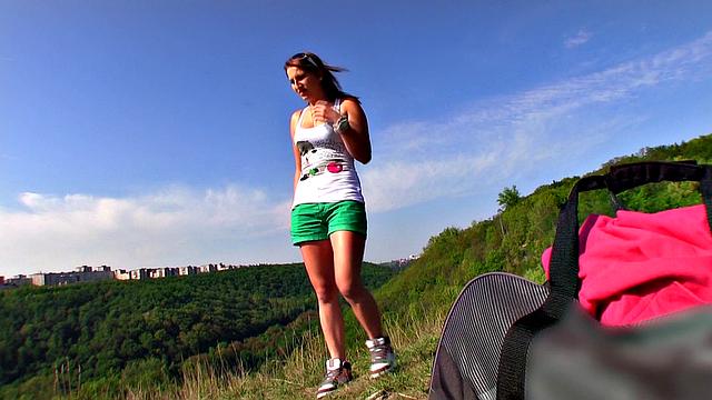 Watch this hot babe get her trimmed pussy and sneakers stuffed while sucking and fucking in POV