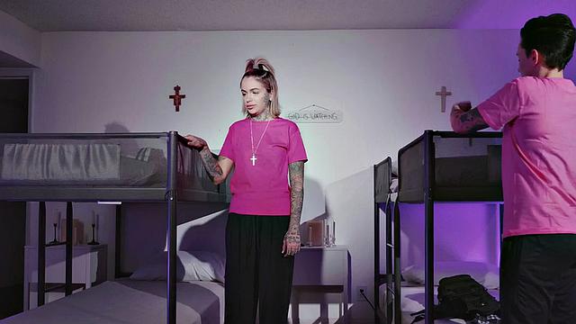 CFNM tattooed babe fucks priest in dormitory