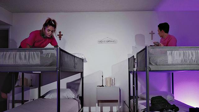 CFNM tattooed babe fucks priest in dormitory with strapon