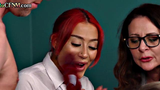 CFNM college girls watched by teacher while sucking in group