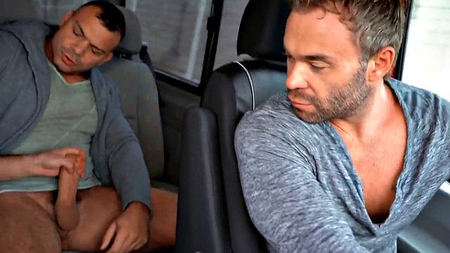 Gay stud barebacked and facialized by hunk in car