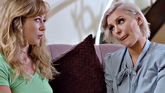 Lesbian babe fingered and licked by busty MILF on couch