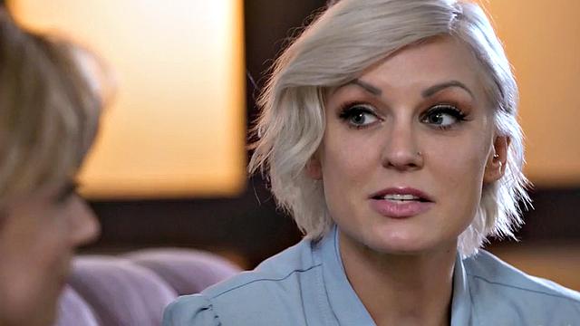 Lesbian babe fingered and licked by busty MILF on couch