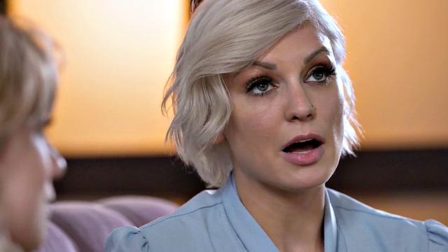 Lesbian babe fingered and licked by busty MILF on couch