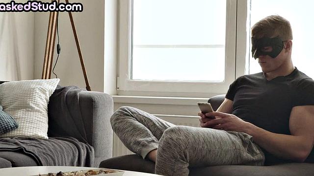 Masked stud with athletic body cums after solo handjob