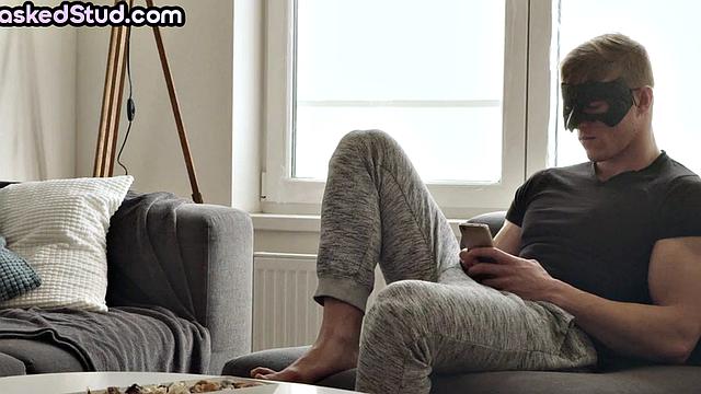 Masked stud with athletic body cums after solo handjob