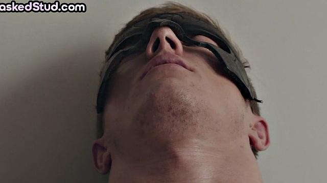Masked stud with athletic body cums after solo handjob