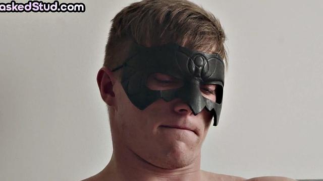 Masked stud with athletic body cums after solo handjob