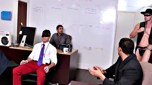 Muscular office guys go wild at amateur cosplay threesome party