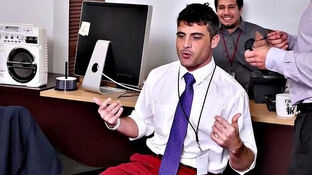 Muscular office guys go wild at amateur cosplay threesome party