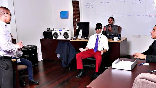 Muscular office guys go wild at amateur cosplay threesome party