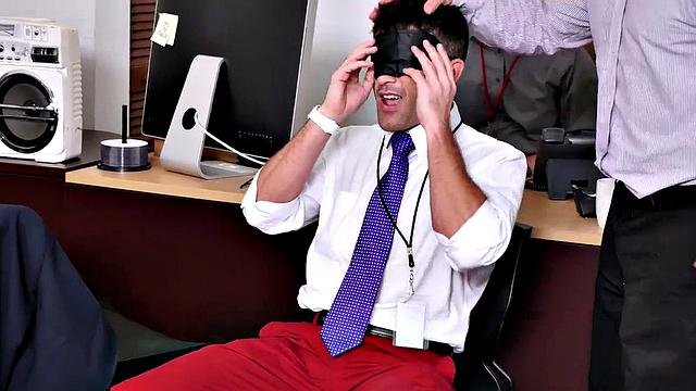 Muscular office guys go wild at amateur cosplay threesome party