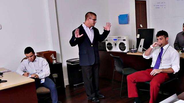 Muscular office guys go wild at amateur cosplay threesome party