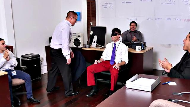 Muscular office guys go wild at amateur cosplay threesome party