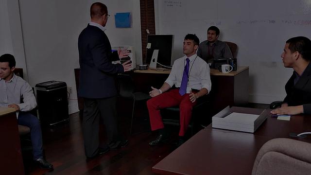 Muscular office guys go wild at amateur cosplay threesome party