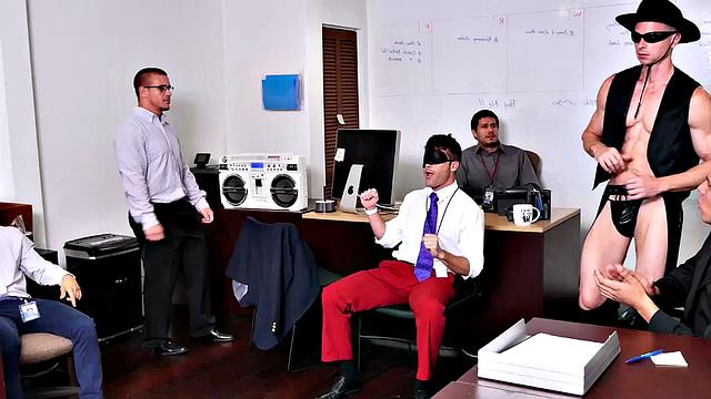 Muscular office guys go wild at amateur cosplay threesome party