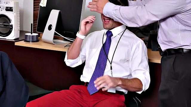 Muscular office guys go wild at amateur cosplay threesome party