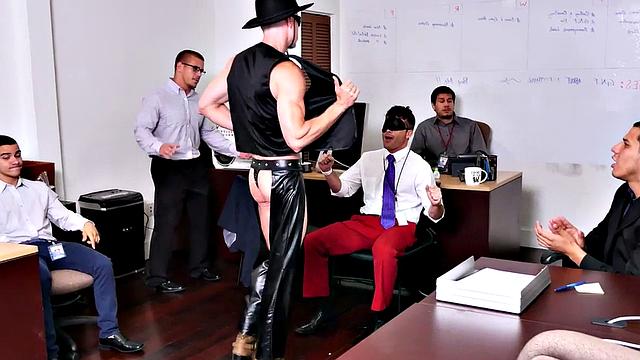 Muscular office guys go wild at amateur cosplay threesome party