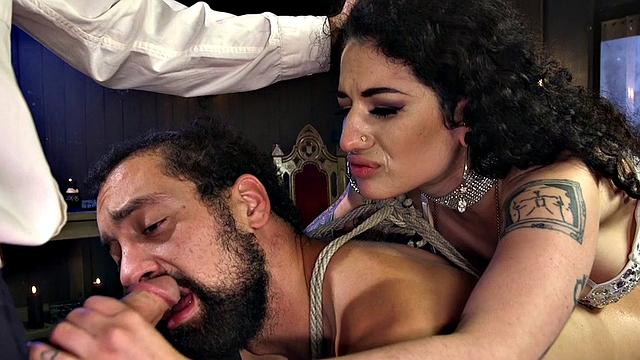 Busty tattooed domina strapon fucks bisex sub who sucks cock