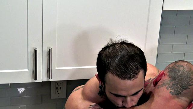 MTF amateur fucked in kitchen by muscled inked jock