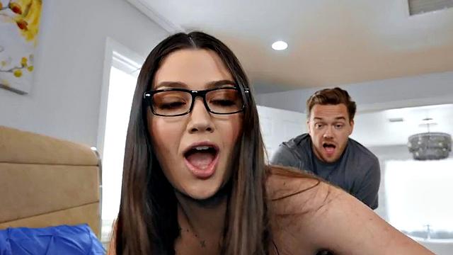 Busty Brunette gets her trimmed pussy licked & fucked hard by BF on the bed