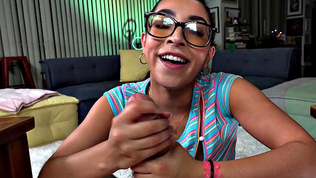 Real 21yo cutie with small boobs and glasses POV fucked