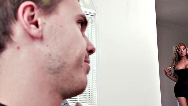 Big-titted racy trans assfucked in doggy by lucky guy