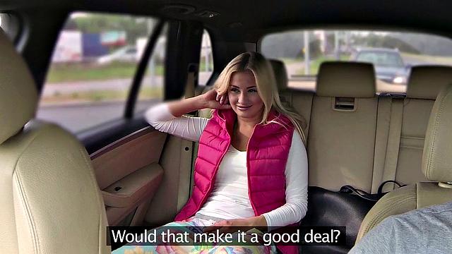 Tattooed teen with trimmed pussy enjoys reverse cowgirl ride in car