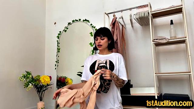 Cute skinny babe masturbates on casting