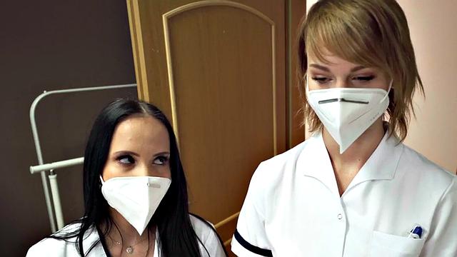 Hostel room nurses in 3some after rimjob check