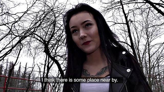 Brunette with a tattooed pussy gets pounded hard in tight denim jeans