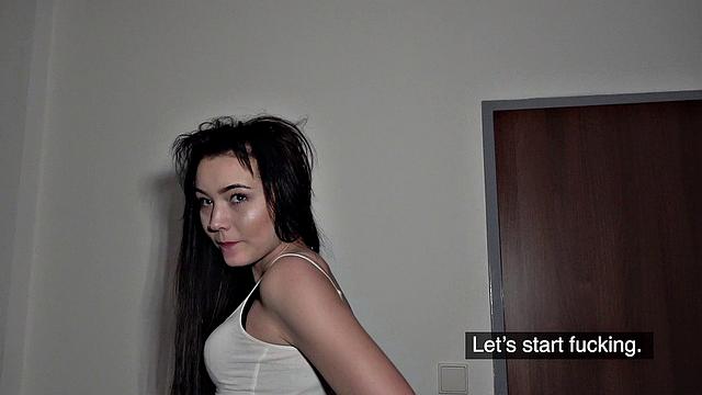 Brunette with a tattooed pussy gets pounded hard in tight denim jeans