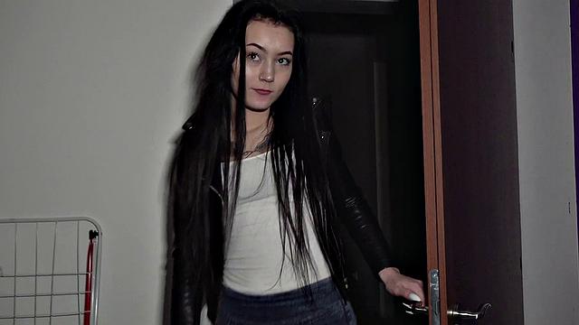 Brunette with a tattooed pussy gets pounded hard in tight denim jeans