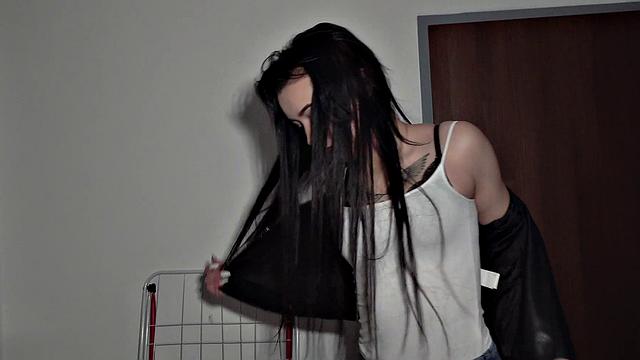 Brunette with a tattooed pussy gets pounded hard in tight denim jeans