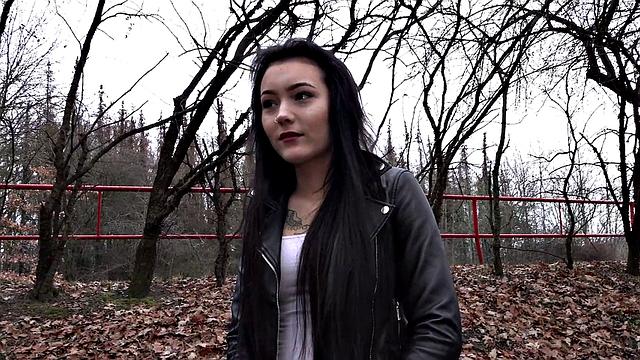 Brunette with a tattooed pussy gets pounded hard in tight denim jeans