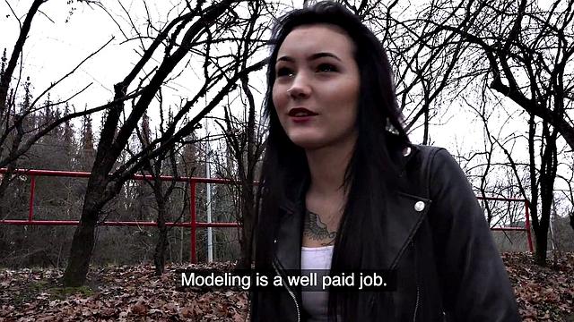 Brunette with a tattooed pussy gets pounded hard in tight denim jeans