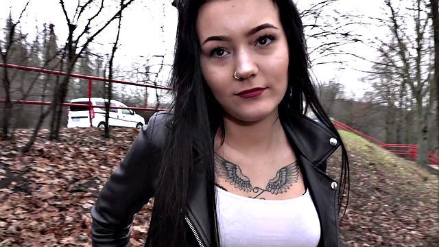 Brunette with a tattooed pussy gets pounded hard in tight denim jeans