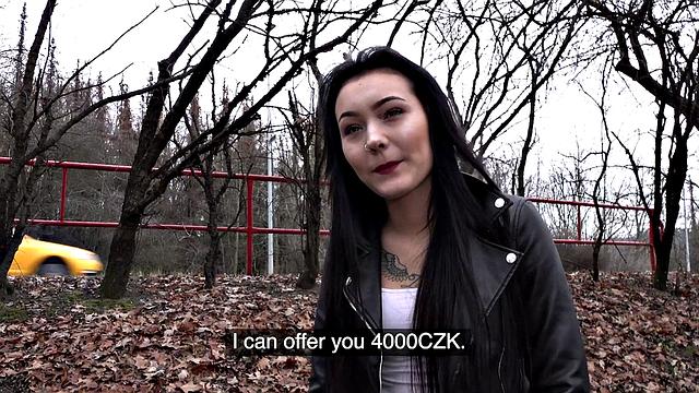 Brunette with a tattooed pussy gets pounded hard in tight denim jeans