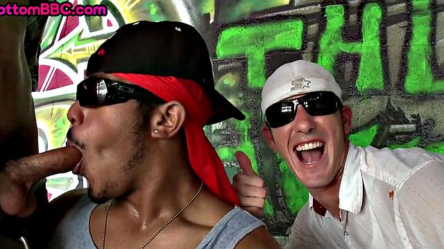 Black thug public fucked outdoors after BJ in threesome