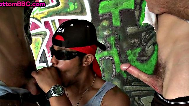 Black thug public fucked outdoors after BJ in threesome