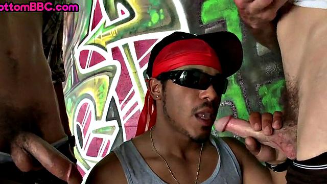 Black thug public fucked outdoors after BJ in threesome