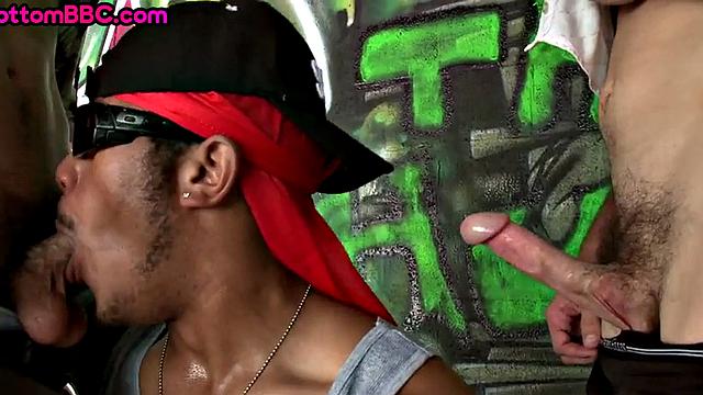 Black thug public fucked outdoors after BJ in threesome