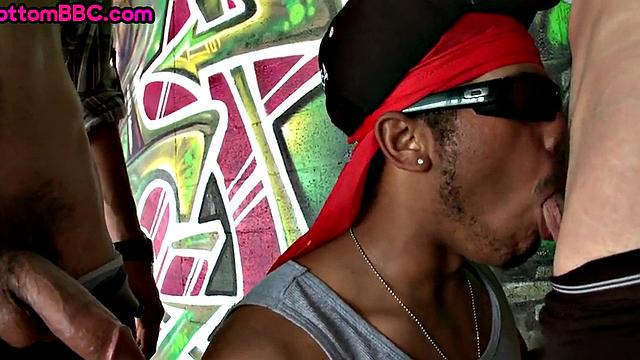 Black thug public fucked outdoors after BJ in threesome