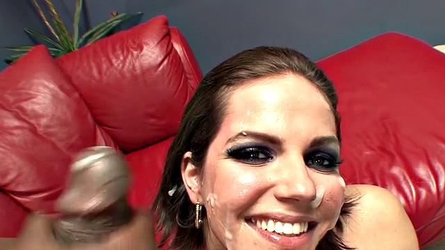 Sexy ebony babe in lingerie gives a steamy BJ & takes it up the ass from two big black guys