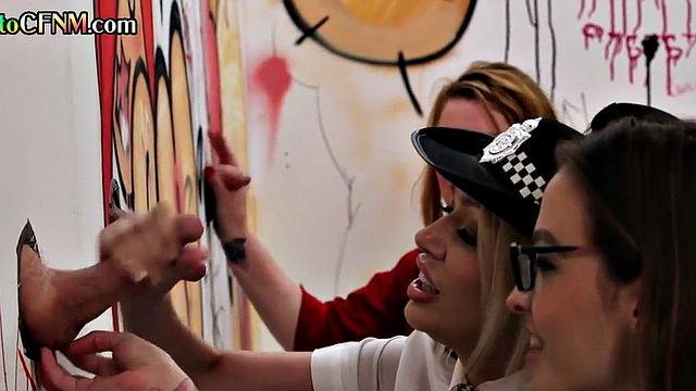Busty police perv CFNM glory hole with friends